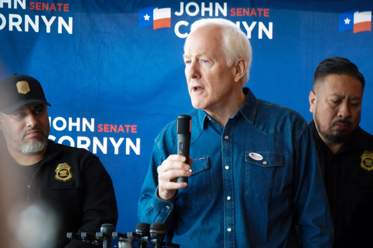 Sen. John Cornyn (R-Texas) speaks at a rally for his Senate primary campaign in Austin, Texas, on Feb. 17, 2026. (Nathan Worcester/The Epoch Times)