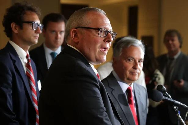 Former Trump campaign aide Michael Caputo (L) and his lawyer Dennis Vacco (R) after testifying before the House Intelligence Committee at the U.S. Capitol in Washington on July 14, 2017. (Chip Somodevilla/Getty Images)