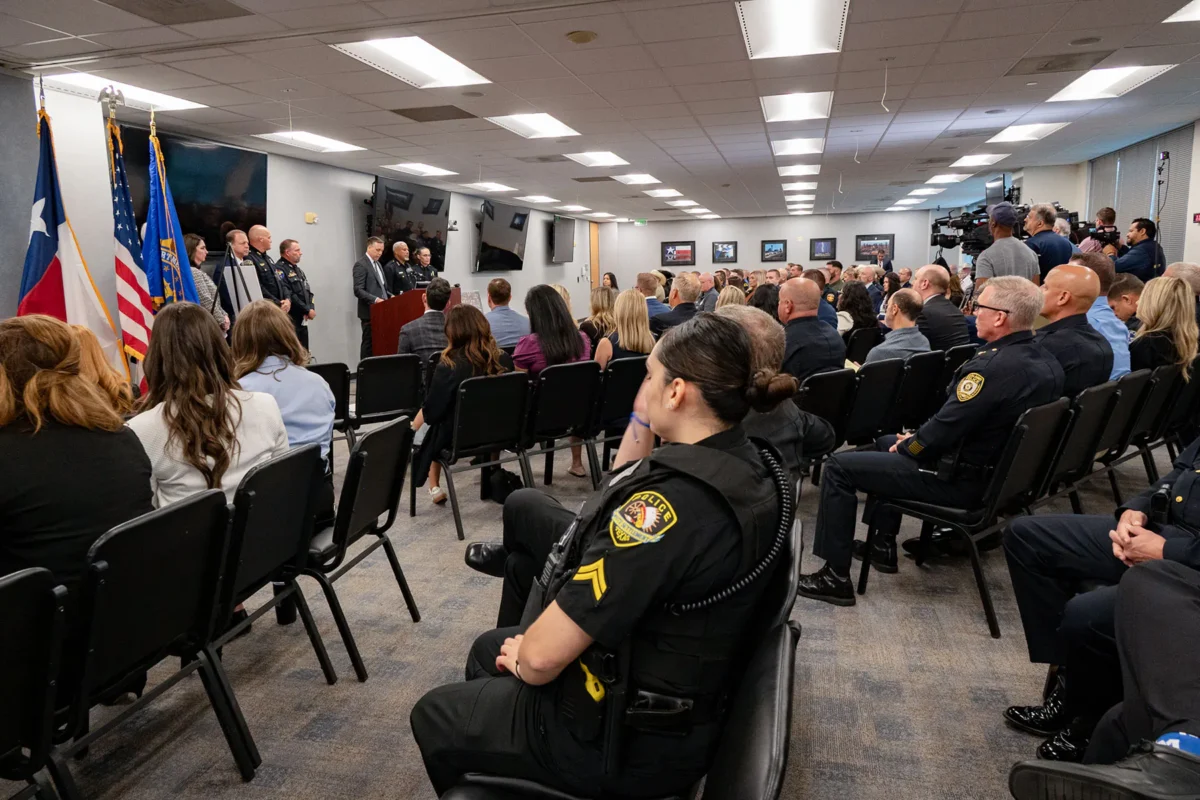 Law enforcement officials from the FBI and other agencies in Texas announce arrests of 244 suspects and rescues of 109 children in Operation Soteria Shield at a news conference in Dallas on June 10, 2025. (FBI Dallas via X)
