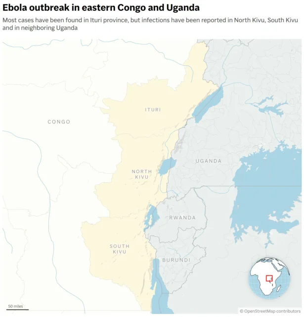 Map showing the location of Uganda and provinces in Congo. (AP Digital Embed)