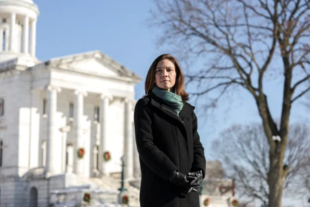 Rebecca Bennett, a former U.S. Navy helicopter pilot who is running to represent New Jersey’s 7th Congressional District, poses for a photograph in Somerville, N.J., on Dec. 16, 2025. (Jeenah Moon/Reuters)