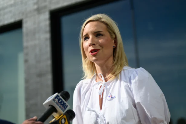 Republican candidate for Senate, U.S. Rep. Ashley Hinson (R-Iowa) is interviewed after voting at Linn-Mar Educational Leadership Center in Marion, Iowa, on June 2, 2026. (Stephen Maturen/Getty Images)