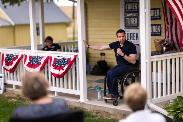 Democratic Senate candidate Josh Turek speaks to guests during a campaign event at the Noethe family farm in Westside, Iowa, on May 29, 2026. (Scott Olson/Getty Images)