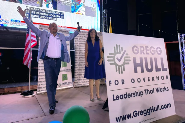 Republican gubernatorial nominee Gregg Hull and his wife Carrie take the stage as he claims victory in the primary during a watch party in Albuquerque, N.M., on June 2, 2026. (Susan Montoya Bryan/AP Photo)