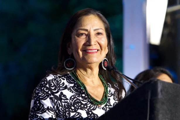 Democratic gubernatorial candidate Deb Haaland speaks during a primary election night watch party after winning the Democratic nomination in Albuquerque, N.M., on June 2, 2026. (Jon Austria/AP Photo)
