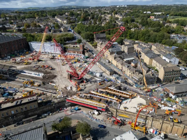 A giant crane at work close to the railway station, in Huddersfield, England, on Sept. 11, 2025. (Oli Scarff/AFP via Getty Images)