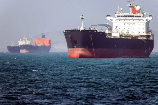 The Gambia-flagged tanker vessel Bili is anchored in the Strait of Hormuz off Bandar Abbas in southern Iran on May 2, 2026. (Amirhossein KhorgooeI/ISNA/AFP via Getty Images)