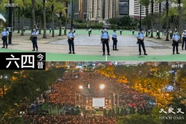 (Top) Hong Kong police officers "occupy" Victoria Park in the afternoon of June 4, 2021, to prevent people from entering; (bottom) The June 4 candlelight vigil in Victoria Park in 2017. (The Epoch Times)