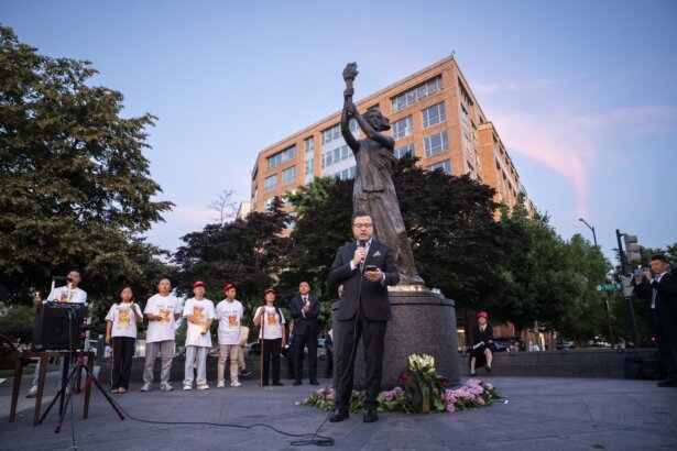 Jan Jekielek, Epoch Times senior editor, host of American Thought Leaders, and author of the book “Killed to Order,” speaks during the Tiananmen Square massacre candlelight vigil held at the Victims of Communism Memorial in Washington on June 4, 2026. (Madalina Kilroy/The Epoch Times)