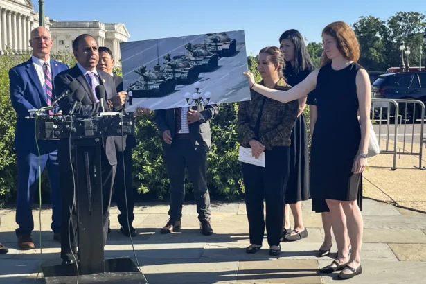 Rep. Raja Krishnamoorthi (D-Ill.) speaks at a House China Committee press conference to commemorate the victims of the Tiananmen Square Massacre at the House Triangle on Capitol Hill in Washington on June 4, 2026. (Eva Fu/The Epoch Times)