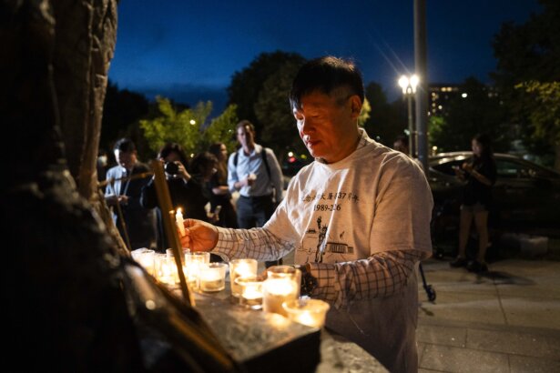 Arthur Liu, father of Olympic gold medalist Alysa Liu and a participant of the 1989 pro-democracy protests in China, attends the 2026 Tiananmen Square massacre candlelight vigil held at the Victims of Communism Memorial in Washington on June 4, 2026. (Madalina Kilroy/The Epoch Times)