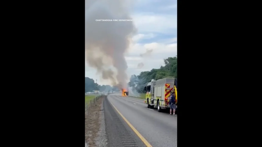Fireworks From Vehicle Fire Shoot Across on Tennessee Interstate