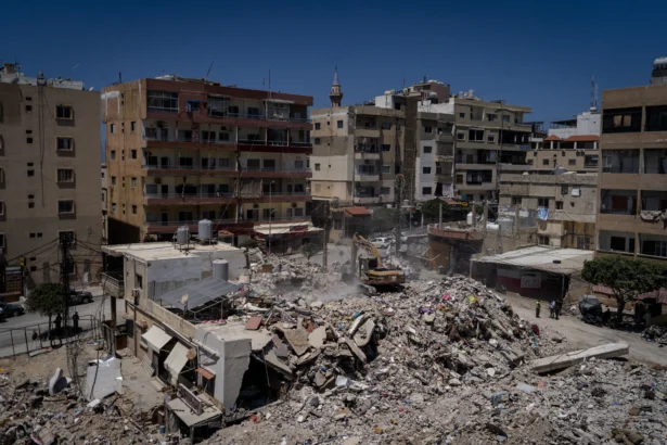 The aftermath of an Israeli airstrike where 30 people died in Tyre, Lebanon, on April 23, 2026. (Adri Salido/Getty Images)