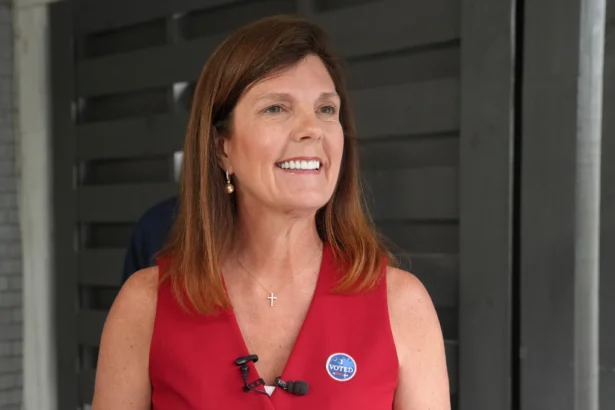 South Carolina Lt. Gov. Pamela Evette speaks to reporters about her gubernatorial campaign after casting her ballot in the GOP primary in Taylors, S.C., on June 9, 2026. (Meg Kinnard/AP Photo)