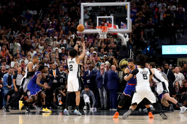 Dylan Harper #2 of the San Antonio Spurs attempts a free throw against the New York Knicks during the fourth quarter in Game Five of the 2026 NBA Finals at Frost Bank Center in San Antonio, Texas, on June 13, 2026. (Gregory Shamus/Getty Images)