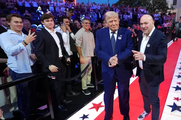 President Donald Trump and Dana White, UFC president and CEO, arrive for UFC Freedom 250 on the South Lawn of the White House on June 14, 2026. (Alex Brandon/AP Photo)