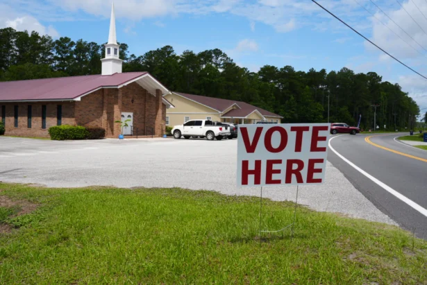 Republican Georgia voters cast their ballots for a number of races in a runoff election. Pictured here is a voting precinct, Harriett’s Bluff First Baptist Church, in Woodbine, Ga., on June 16, 2026. (Troy Myers/The Epoch Times)