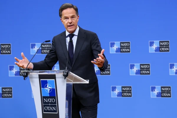 NATO Secretary-General Mark Rutte Speaks at Press Conference at Defense Ministers Meeting in Belgium