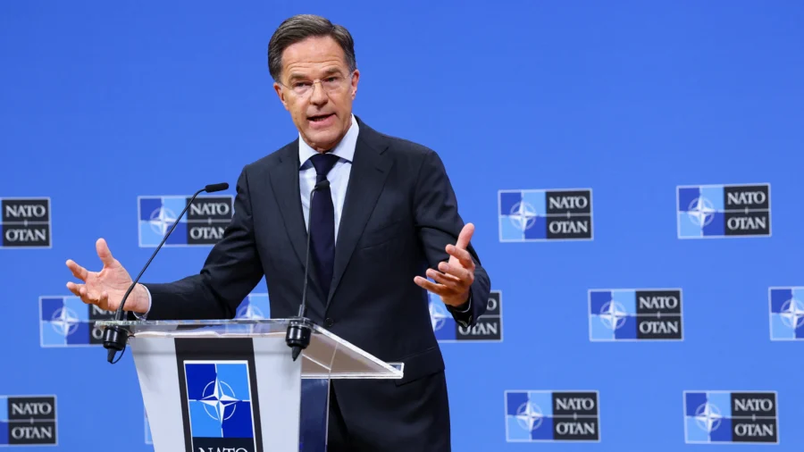 NATO Secretary-General Mark Rutte Speaks at Press Conference at Defense Ministers Meeting in Belgium
