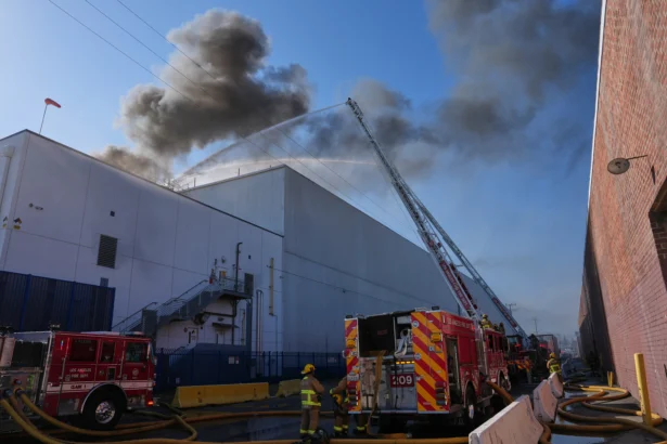 Firefighters tackle a warehouse fire in the Boyle Heights neighborhood of Los Angeles on June 17, 2026. (Jae C. Hong/AP Photo)