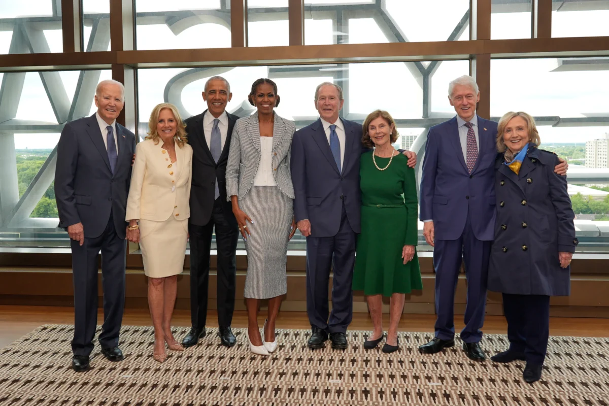 (L-R) Former President Joe Biden and former first lady Jill Biden, former President Barack Obama and former first lady Michelle Obama, former President George W. Bush and former first lady Laura Bush, and former President Bill Clinton and former Secretary of State Hillary Clinton, pose together ahead of the dedication ceremony at the Obama Presidential Center on June 18, 2026, in Chicago. (Pablo Martinez Monsivais, Pool, AP Photo)