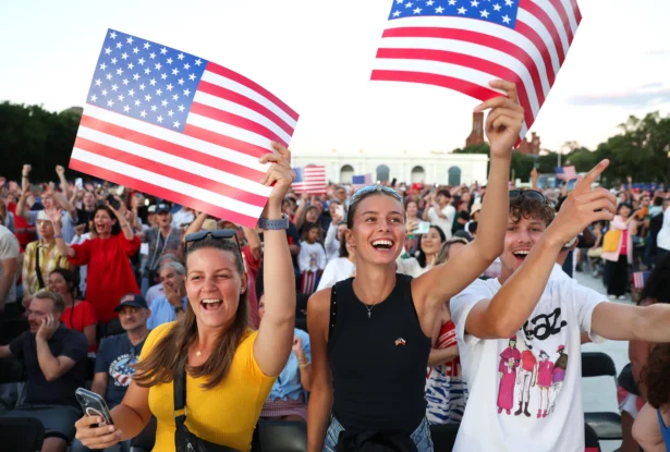 Attendees watch the rally to kick off the Great American State Fair on the National Mall in Washington on June 24, 2026. (Tasos Katopodis/Getty Images)