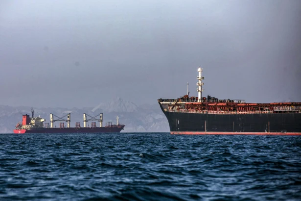 Ships in the Strait of Hormuz, near Larak Island, Iran, on May 16, 2026. (Majid Saeedi/Getty Images)