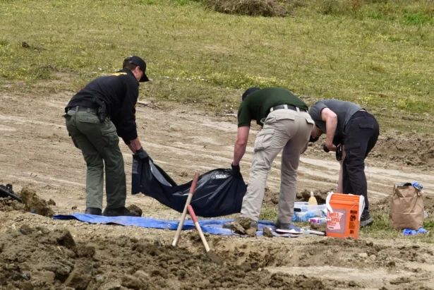 Investigators from the Humboldt County Sheriff's Office search the grounds of Miranda's Rescue Animal Sanctuary in Fortuna, Calif., on June 24, 2026, where the remains of at least 117 dogs were found. (Ryan Burns/Lost Coast Outpost via P)