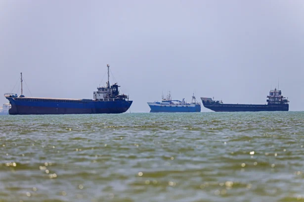 Vessels anchored off Bandar Abbas along the Strait of Hormuz on June 18, 2026. (Amirhossein Khorgooei/ISNA/AFP via Getty Images)