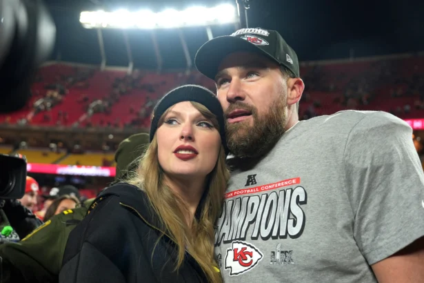 Kansas City Chiefs tight end Travis Kelce (R) and Taylor Swift appear after the Chiefs victory over the Buffalo Bills in the AFC Championship NFL football game in Kansas City, Mo., on Jan. 26, 2025. (Charlie Riedel/AP Photo)