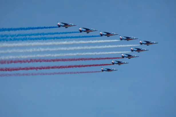 Patrouille de France fly in formation during the International Naval Review 250 in New York City on July 4, 2026. (Samira Bouaou/The Epoch Times)