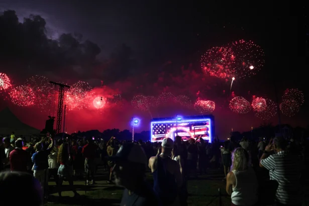 People watch fireworks in Washington on July 4, 2026. (Madalina Kilroy/The Epoch Times)