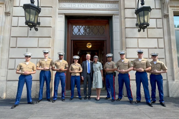 U.S. Ambassador to France Charles Kushner and his wife, Seryl Kushner, at the U.S. Embassy in Paris, alongside Marines from the Marine Security Unit at Mission Paris. (Courtesy of the U.S. Embassy to France)