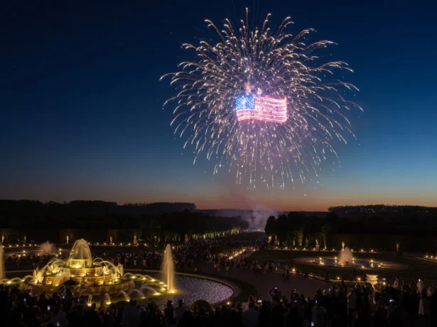 As part of the Night Fountains Show on July 4, 2026, drones illuminated the night sky above the Royal Gardens of Versailles, forming an American flag to mark U.S. Independence Day. (Etienne Fauchaire/The Epoch Times)