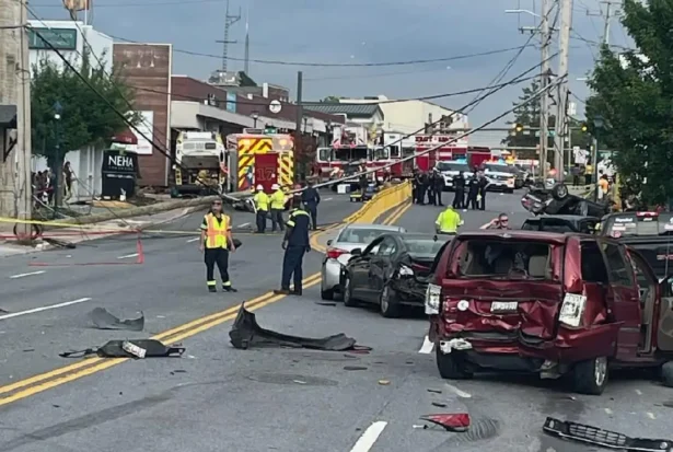 Damaged vehicles along Reisterstown Road in Pikesville following a multi-vehicle crash involving a Maryland Transit Administration bus on July 8. | Courtesy of the Baltimore County Fire Department