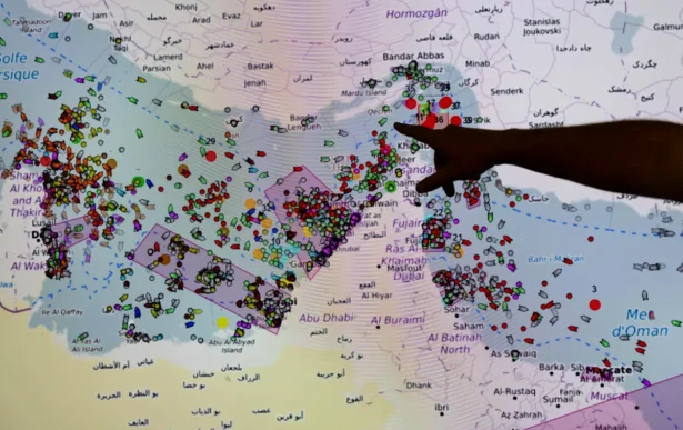 The positions of ships on the Strait of Hormuz on a screen at the Maritime Information and Cooperation Centre in Brest, France, on April 27, 2026. (Fred Tanneau/AFP via Getty Images)