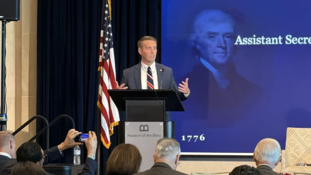 Riley Barnes, assistant secretary of state for democracy, human rights, and labor, speaks at an international religious freedom forum in Washington on July 16, 2026. (Courtesy of Sound of Hope Radio Network)