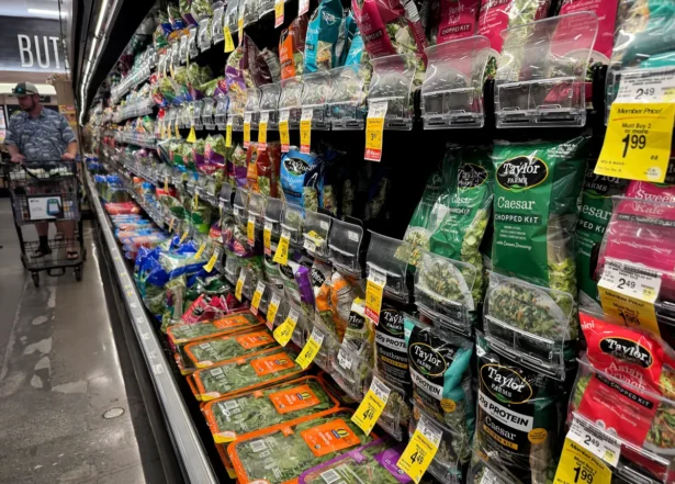 Packages of Taylor Farms salad greens are displayed at a Safeway store in Kings Beach, Calif., on July 16, 2026. Justin Sullivan/Getty Images