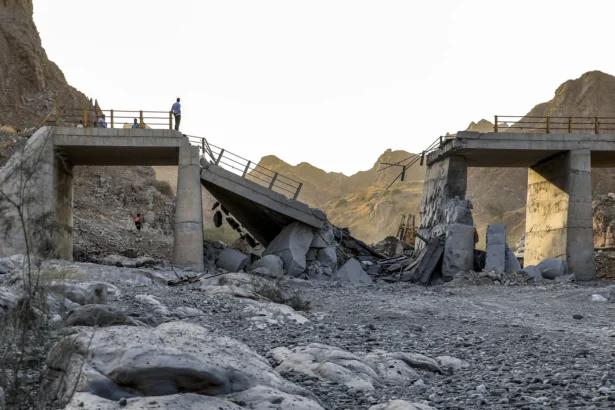 A heavily-damaged bridge, which was hit by a U.S. strike, along the road connecting Roudan and Bandar Abbas in southern Iran on July 18, 2026. (Amir Hossein Khorgooei/ISNA/AFP via Getty Images)
