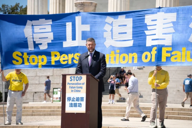 Rep. Pat Ryan (D-N.Y.) speaks at an annual rally calling for the end of the Chinese Communist Party’s ongoing persecution of Falun Gong in China, on the National Mall in Washington on July 23, 2026. (Larry Dye/The Epoch Times)
