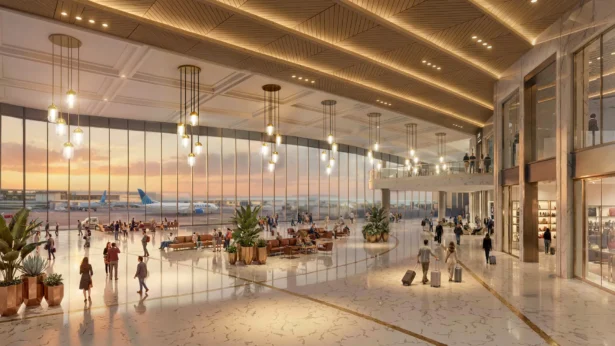 A rendering of the Dulles airport redesign shows bright spaces that will replace current dimly lit settings. (Courtesy of Department of Transportation)