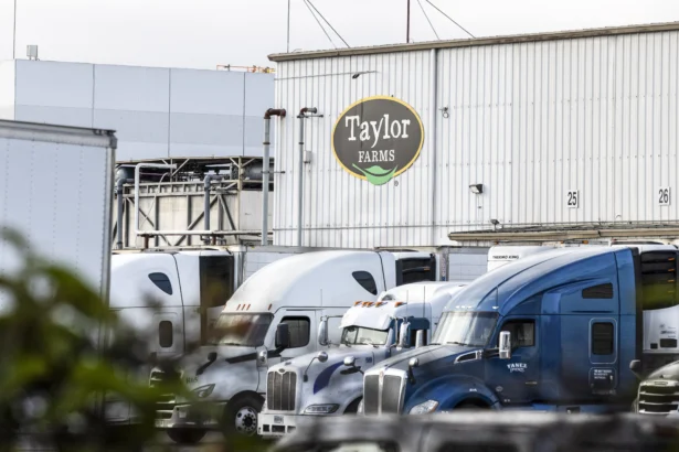 A sign at a Taylor Farms facility in Salinas, Calif., on July 17, 2026. (Benjamin Fanjoy/Getty Images)