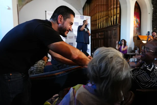 Abdul El-Sayed, a progressive candidate in the Democratic primary for U.S. Senate in Michigan, greets people at a campaign rally in Detroit on Aug. 3, 2026. (Julia Demaree Nikhinson/AP Photo)