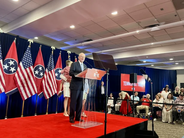 John Rose spoke to supporters in Cookeville's Leslie Town Centre, saying he congratulated Marsha Blackburn for winning Tennessee's gubernatorial primary on Aug. 6, 2026. (Jacki Thrapp/The Epoch Times)