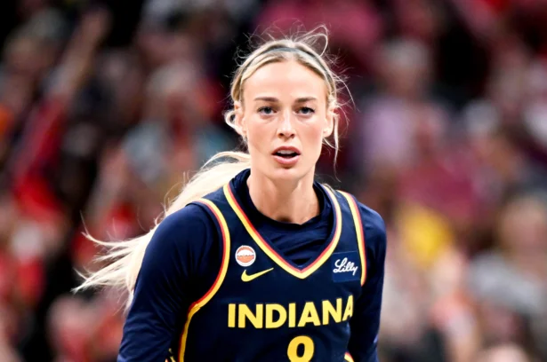 Sophie Cunningham #8 of the Indiana Fever reacts against the New York Liberty during the first half at Gainbridge Fieldhouse in Indianapolis, Ind., on July 18, 2026. (Bobby Goddin/Getty Images)
