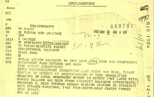The U.S. Department of War released UFO files Aug. 7, 2026. These included a memo from 1963 describing a report of a “dead crewman” from Brazil. (U.S Department of War)