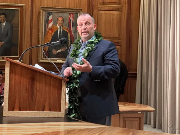 Hawaii Gov. Josh Green speaks at a news conference in Honolulu, Hawaii, on Dec. 15, 2023. (Audrey McAvoy/AP Photo)