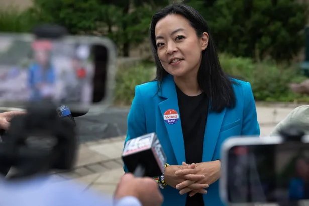 Democratic Wisconsin Gubernatorial candidate Francesca Hong speaks to reporters after voting in the primary election in Madison, Wis., on Aug. 11, 2026. (Scott Olson/Getty Images)