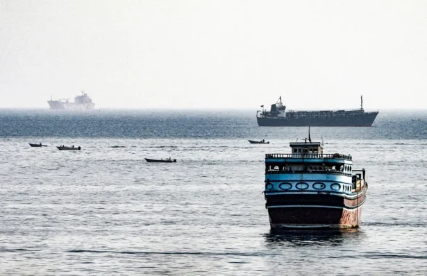 Vessels in the Strait of Hormuz, as seen from Musandam, Oman, on Aug. 3, 2026. (STR/Reuters)