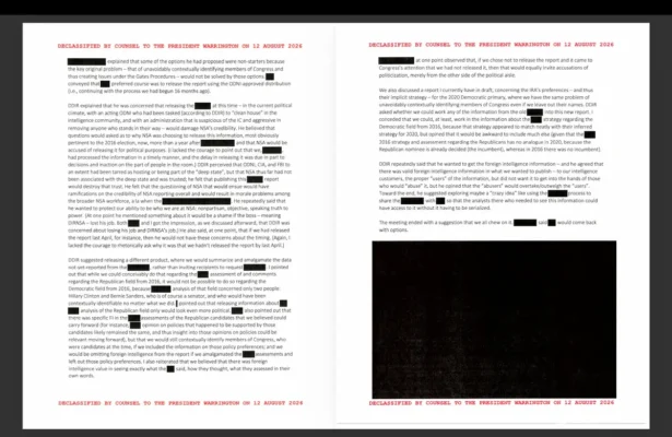 Newly declassified National Security Agency documents include emails between intelligence officers about decisions made at higher levels to not share information with President Donald Trump, released by the White House Government Transparency Task Force on Aug. 18, 2026. Courtesy of the White House